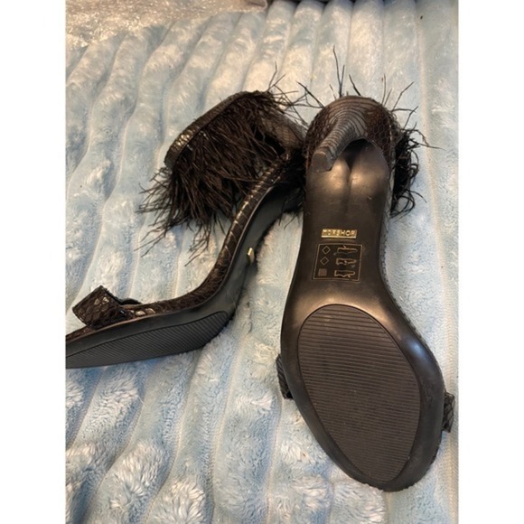 TOPSHOP Black Feather Embellished Stiletto Heels Snake Print Ankle Strap  Size 7 - Picture 4 of 5